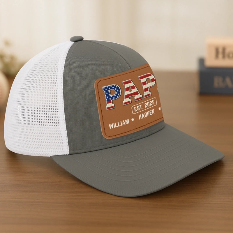 Papa Knows Best - Family Personalized Custom Leather Patch Mesh Cap - 4th Of July, Gift For Dad, Grandpa