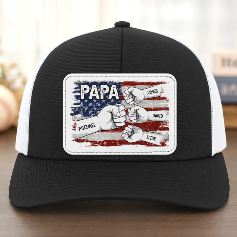 Custom Name Papa American Flag Family Gifts - Personalized Leather Patch Mesh Cap US