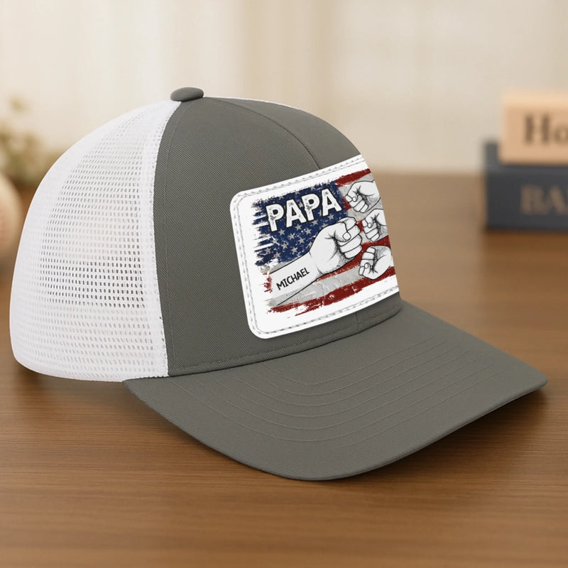 Custom Name Papa American Flag Family Gifts - Personalized Leather Patch Mesh Cap US