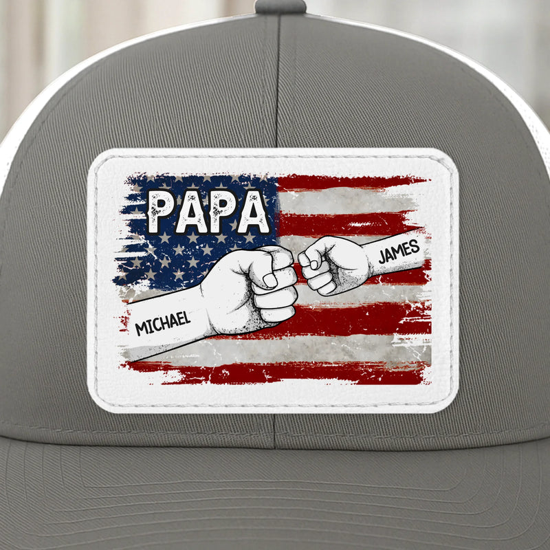 Papa & His Crew - Family Personalized Custom Leather Patch Mesh Cap - 4th Of July, Gift For Dad, Grandpa