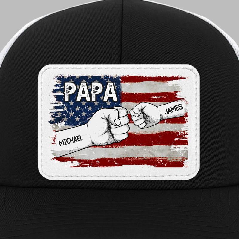 Papa & His Crew - Family Personalized Custom Leather Patch Mesh Cap - 4th Of July, Gift For Dad, Grandpa