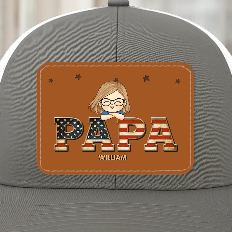 Papa Of Legends - Family Personalized Custom Leather Patch Mesh Cap - 4th Of July, Gift For Dad, Grandpa
