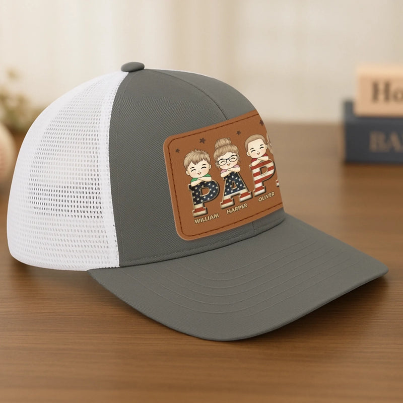 Papa Of Legends - Family Personalized Custom Leather Patch Mesh Cap - 4th Of July, Gift For Dad, Grandpa