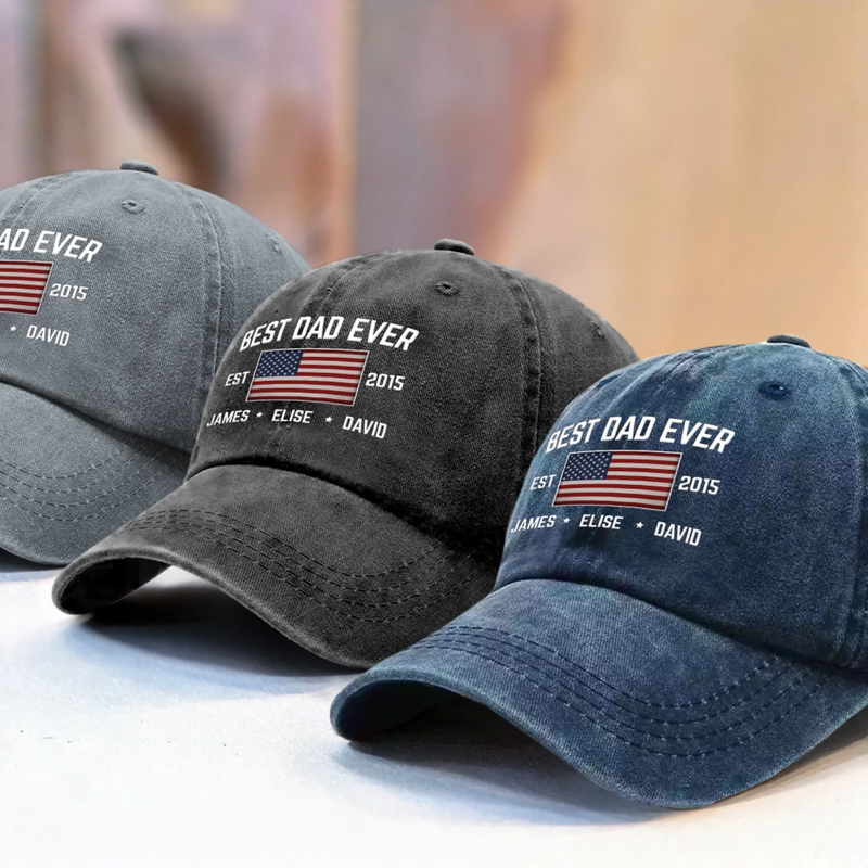 Dad Life Vibes - Family Personalized Custom Vintage Washed Denim Baseball Cap US - 4th Of July, Gift For Dad, Grandpa
