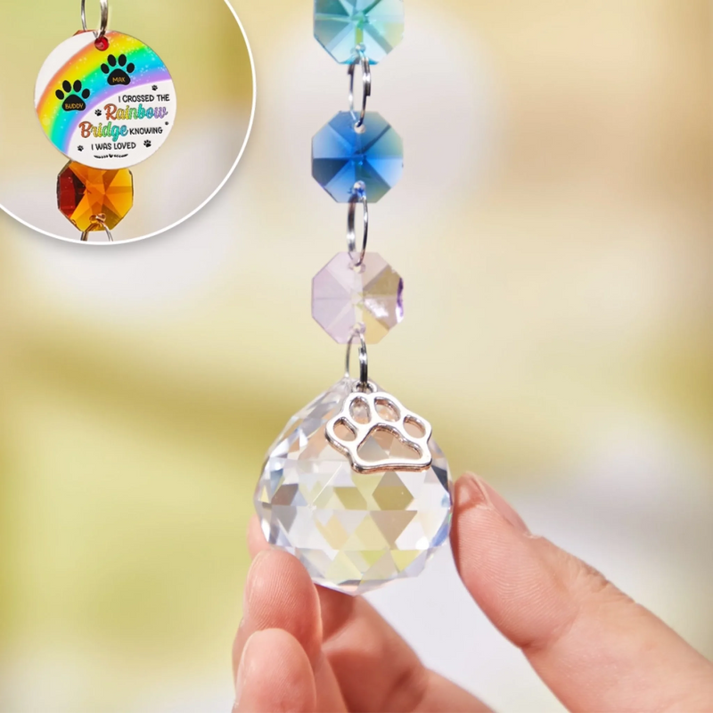 Custom Pet Name Rainbow Bridge Memorial - Personalized Crystal Suncatcher with Charm