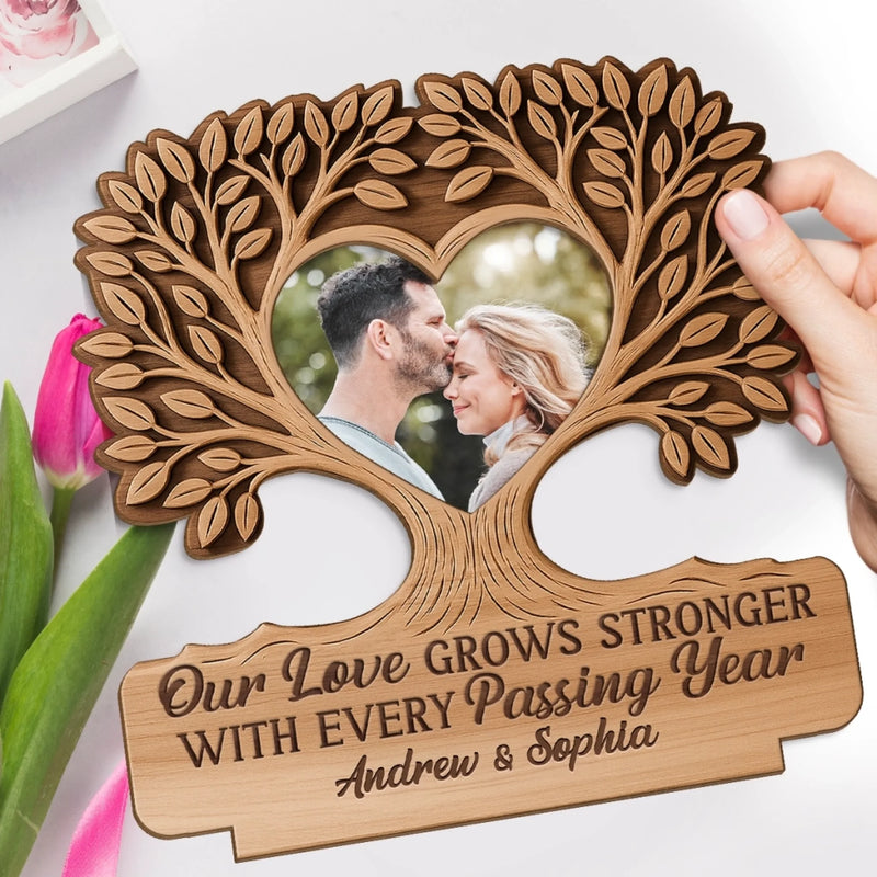 Custom Photo 2-Layered Wooden Plaque - Personalized Anniversary Wedding Gifts For Husband And Wife, Him And Her - Our Love Grows Deeper And Stronger
