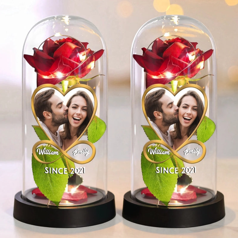 Custom Photo Light Up Eternal Rose In Glass Dome - Personalized Anniversary Wedding Gifts For Husband And Wife, Him And Her - Love In Full Bloom