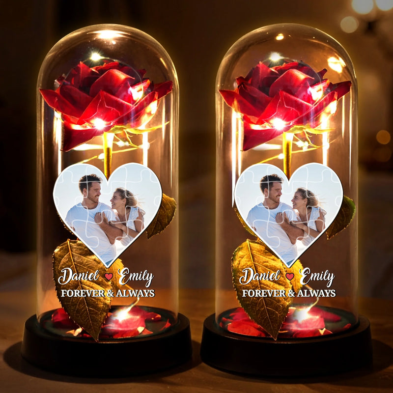 Custom Photo Light Up Eternal Rose In Glass Dome - Personalized Anniversary Wedding Gifts For Husband And Wife, Him And Her - Our Love Shines Forever