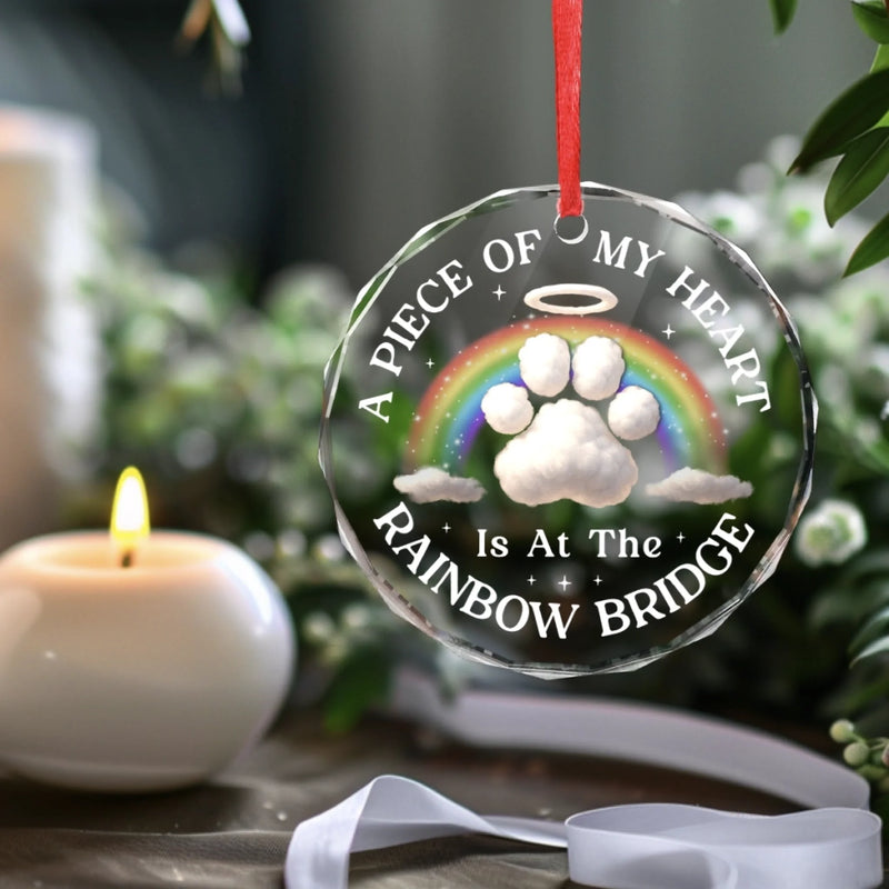 Circle Glass Ornament - Christmas Memorial Sympathy Gifts For Dogs, Cats - Paws Over The Rainbow