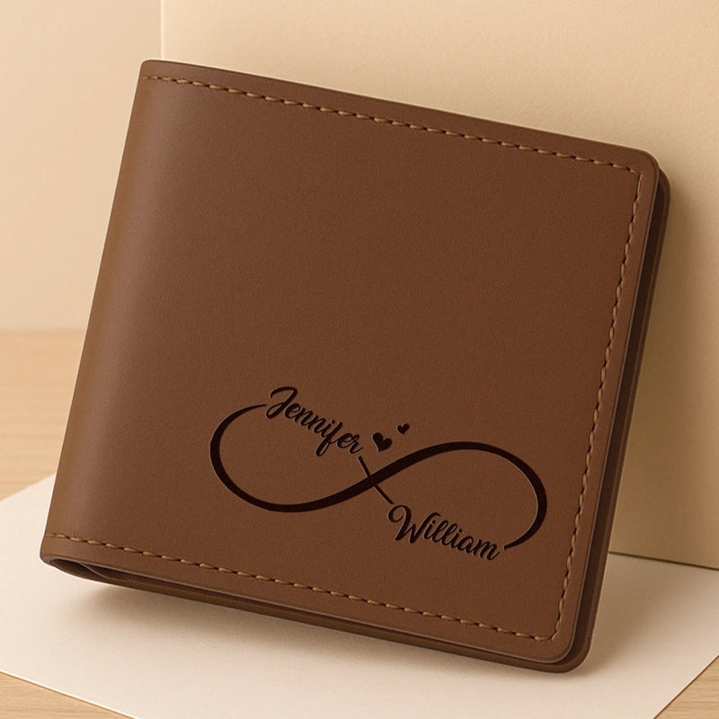 Custom Engraved Bifold Leather Wallet Two Sides - Personalized Anniversary Wedding Gifts For Husband And Wife, Him And Her - Love You Now And Always