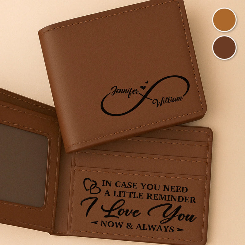 Custom Engraved Bifold Leather Wallet Two Sides - Personalized Anniversary Wedding Gifts For Husband And Wife, Him And Her - Love You Now And Always