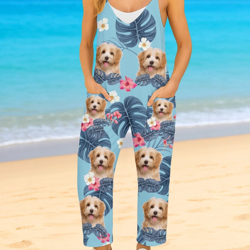 Custom Photo Casual Loose Overalls Jumpsuit - Personalized Summer Vacation And Travel Gifts For Dog Cat Lovers, Dog Dad And Mom, Cat Owners - Life’s Better With Fur