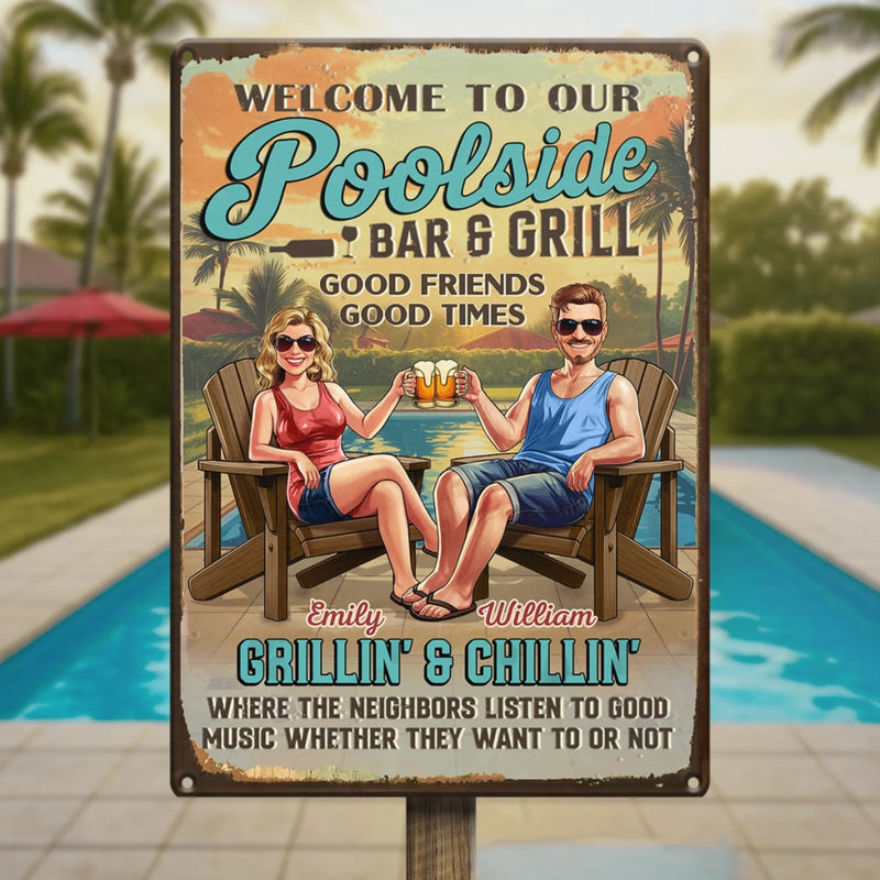 Custom Name Poolside Bar & Grill Gifts for Couples - Personalized Metal Sign