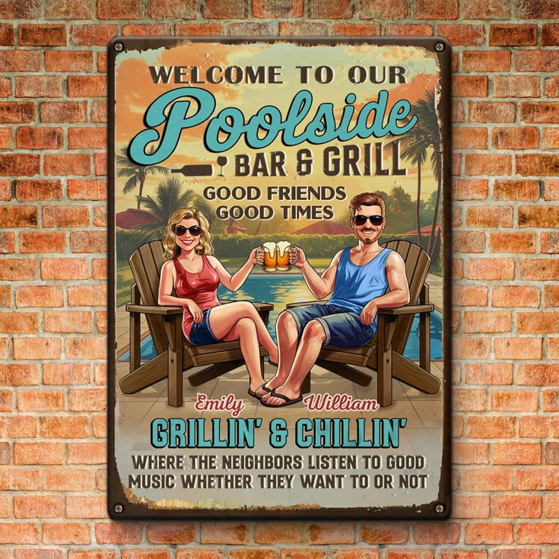 Custom Name Poolside Bar & Grill Gifts for Couples - Personalized Metal Sign