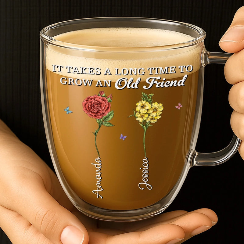 Custom Double Wall Glass Mug - Personalized Best Friend Birthday Gifts For Women - It Takes A Long Time To Grow An Old Friend