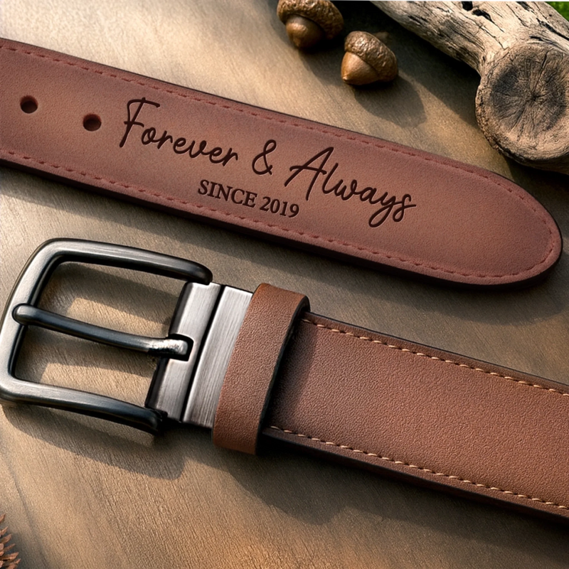 Custom Double-Sided Engraved Leather Belt - Personalized Anniversary Wedding Gifts For Husband And Wife, Him And Her - Forever And Always
