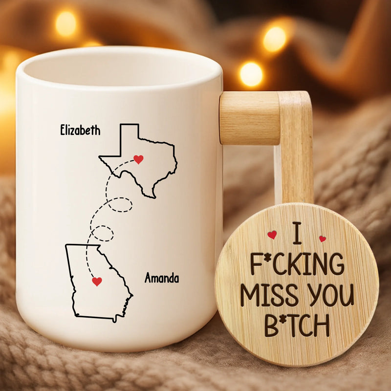 Custom Ceramic Mug With Wooden Lid & Handle - Personalized Best Friend Birthday Gifts For Women - Never Too Far To Have Coffee Together