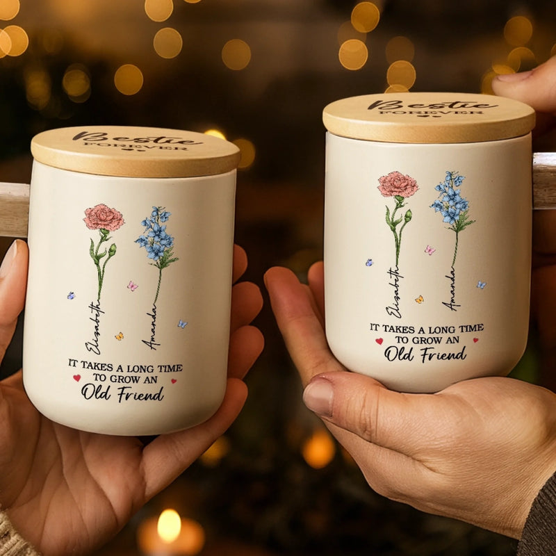 Custom Ceramic Mug With Wooden Lid & Handle - Personalized Best Friend Birthday Gifts For Women - Friendship In Full Bloom