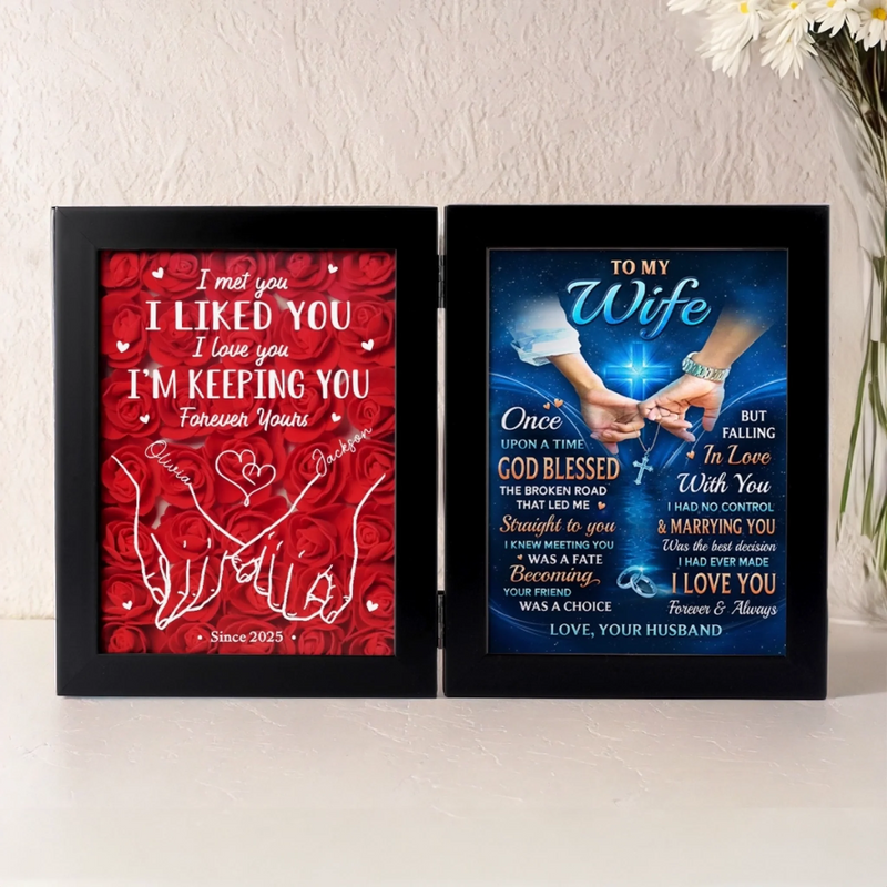 Custom Name Anniversary Gifts for Wife - Personalized Double Frame Flower Shadow Box