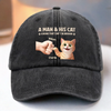 Custom Vintage Washed Denim Baseball Cap - Personalized Birthday Gifts For Cat Lovers, Cat Mom And Dad - Man And Cat Bound By Love