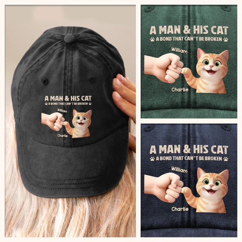 Custom Vintage Washed Denim Baseball Cap - Personalized Birthday Gifts For Cat Lovers, Cat Mom And Dad - Man And Cat Bound By Love