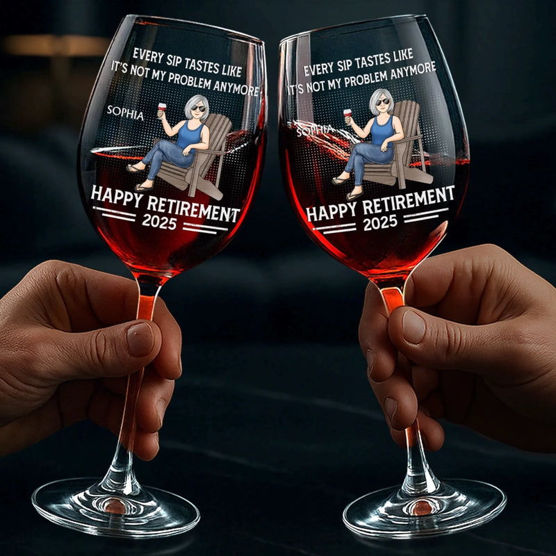 Custom Stemmed Wine Glass - Personalized Retirement Gifts For Women, Men - Retired And Relaxed