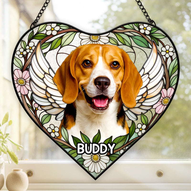 Custom Photo Heart-Shaped Stained Glass Window Suncatcher - Personalized Pet Memorial Sympathy Gifts For Dogs, Cats - Love Lives On Always