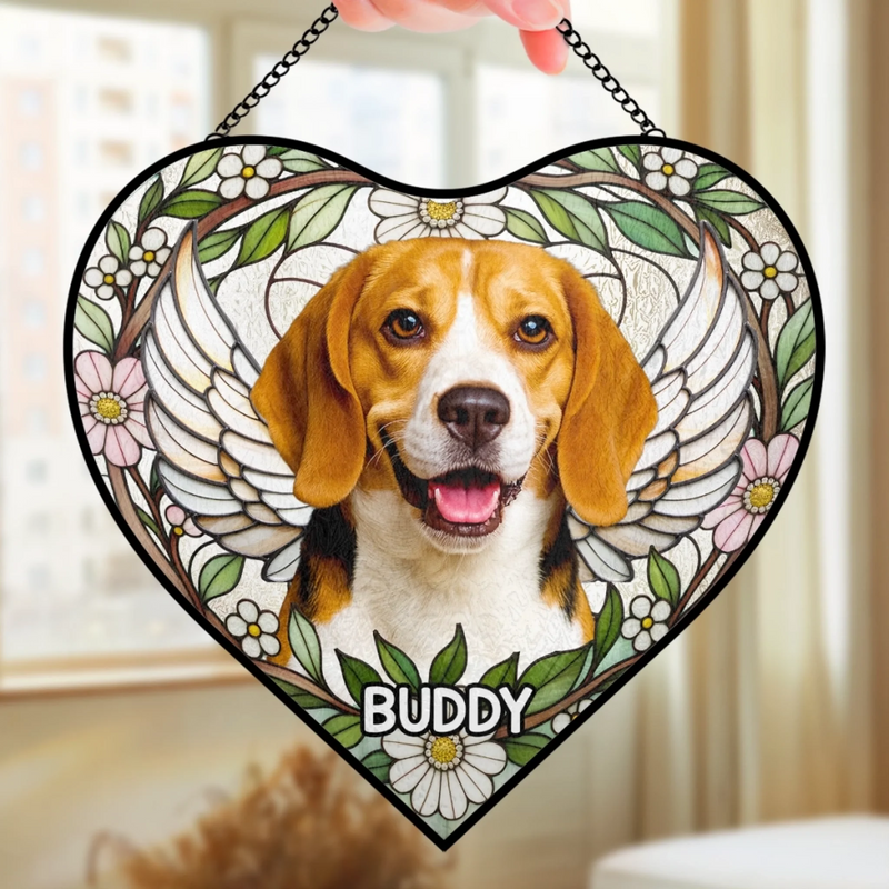 Custom Photo Heart-Shaped Stained Glass Window Suncatcher - Personalized Pet Memorial Sympathy Gifts For Dogs, Cats - Love Lives On Always