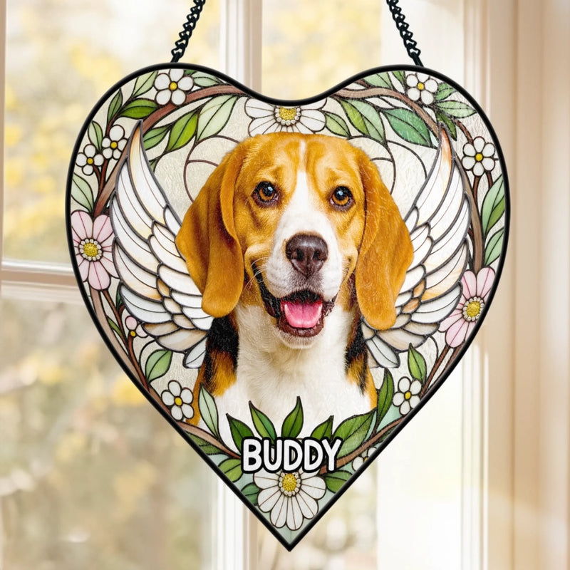 Custom Photo Heart-Shaped Stained Glass Window Suncatcher - Personalized Pet Memorial Sympathy Gifts For Dogs, Cats - Love Lives On Always