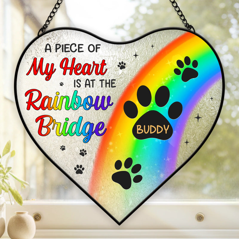 Custom Heart-Shaped Stained Glass Window Suncatcher - Personalized Pet Memorial Sympathy Gifts For Dogs, Cats - A Piece Of My Heart Is At The Rainbow Bridge