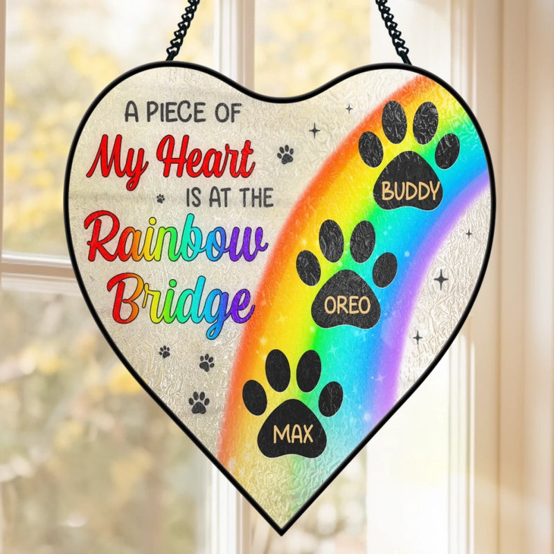 Custom Heart-Shaped Stained Glass Window Suncatcher - Personalized Pet Memorial Sympathy Gifts For Dogs, Cats - A Piece Of My Heart Is At The Rainbow Bridge