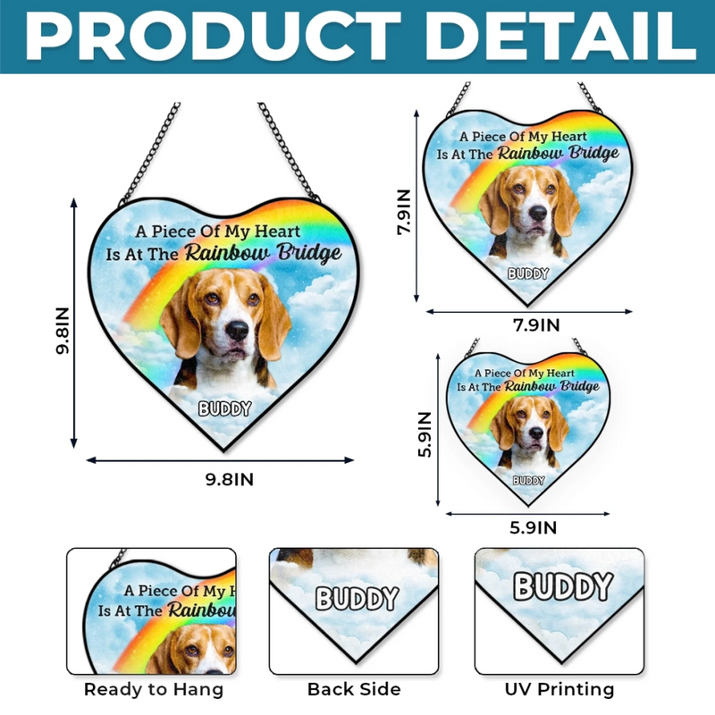 Custom Photo Heart-Shaped Stained Glass Window Suncatcher - Personalized Pet Memorial Sympathy Gifts For Dogs, Cats - Waiting For Reunion At Rainbow Bridge
