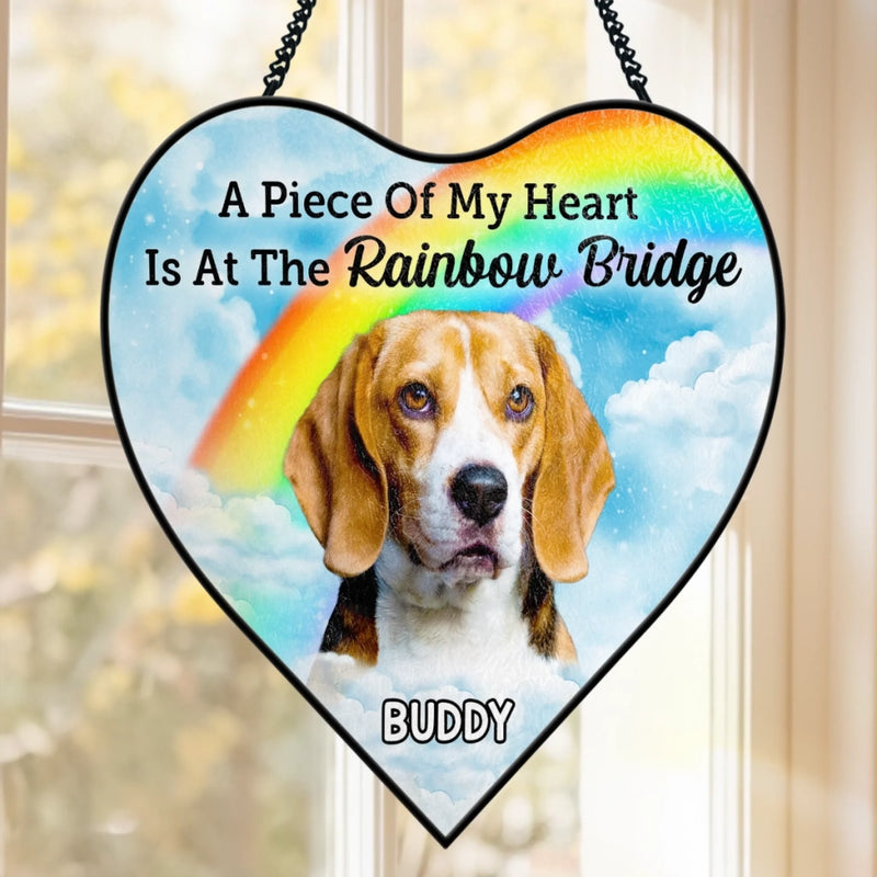 Custom Photo Heart-Shaped Stained Glass Window Suncatcher - Personalized Pet Memorial Sympathy Gifts For Dogs, Cats - Waiting For Reunion At Rainbow Bridge