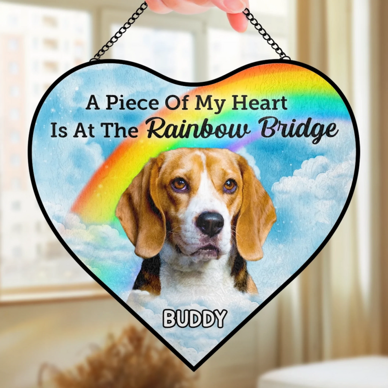 Custom Photo Heart-Shaped Stained Glass Window Suncatcher - Personalized Pet Memorial Sympathy Gifts For Dogs, Cats - Waiting For Reunion At Rainbow Bridge