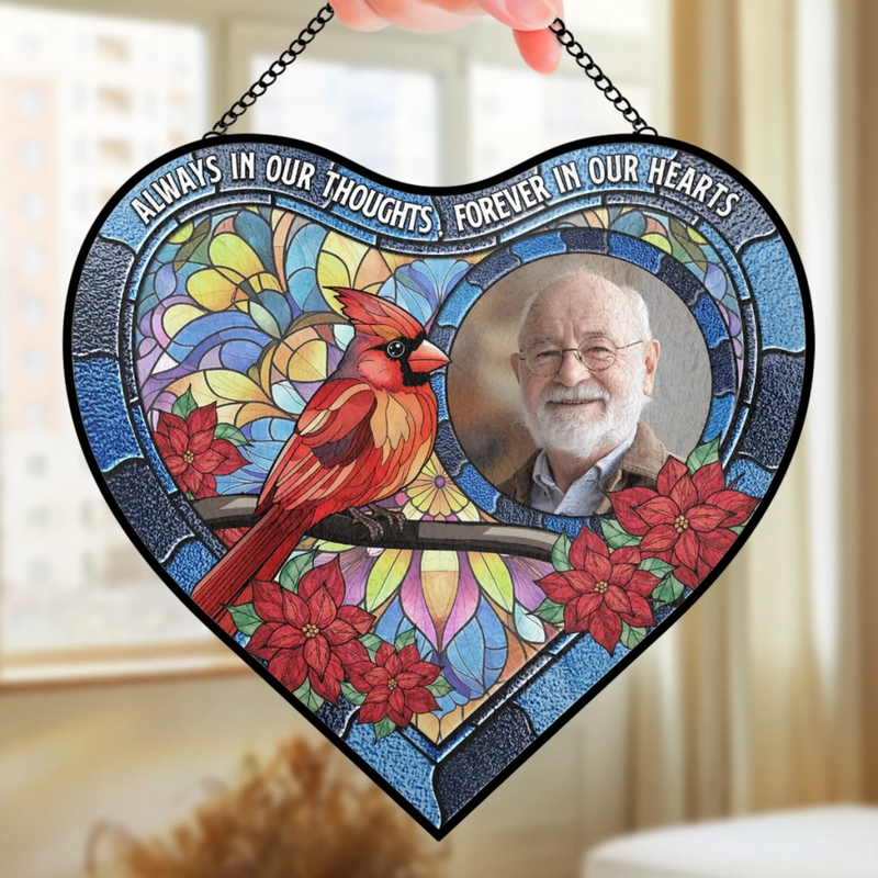Custom Photo Heart-Shaped Stained Glass Window Suncatcher - Personalized Memorial Sympathy Gifts For Loss Of Mom, Dad - Always In Our Thoughts