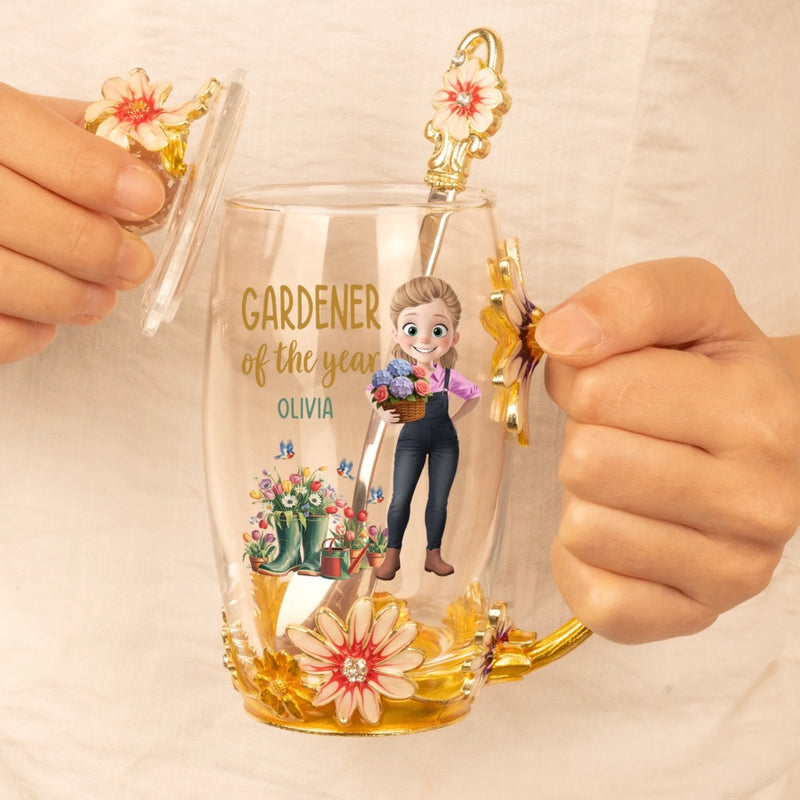 Custom Enamel Flower Tea Cup With Lid & Spoon - Personalized Garden Gifts For Gardeners - Life’s Better In The Garden