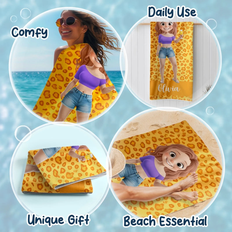Custom Beach Towel - Personalized Summer Vacation And Travel Gifts For Women - Sun, Sand, And Sips