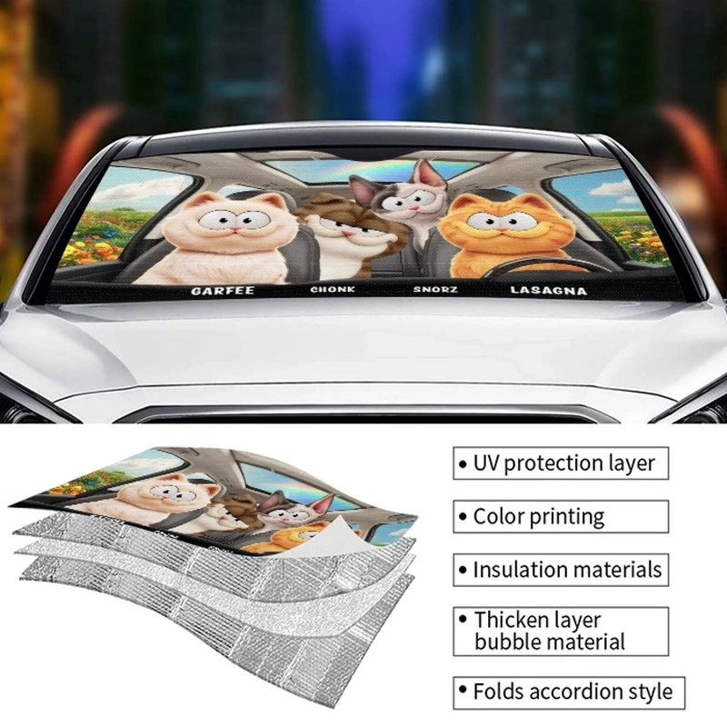 Custom Auto Windshield Sunshade, Car Window Protector - Personalized Summer Vacation And Travel Gifts For Cat Lovers, Cat Mom And Dad - Road Trips With My Furry Crew