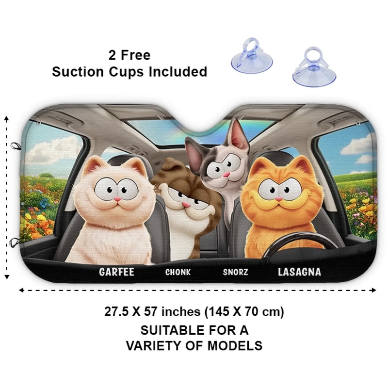 Custom Auto Windshield Sunshade, Car Window Protector - Personalized Summer Vacation And Travel Gifts For Cat Lovers, Cat Mom And Dad - Road Trips With My Furry Crew