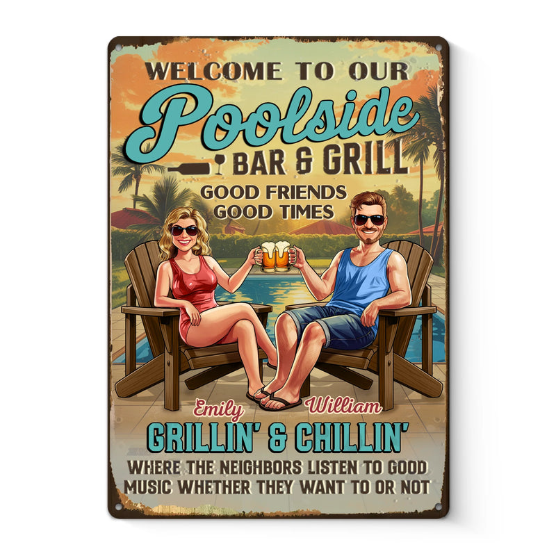 Custom Name Poolside Bar & Grill Gifts for Couples - Personalized Metal Sign