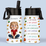 Custom Name Positive Affirmation Schoolgirl Gifts for Girls - Personalized Kid Water Bottle
