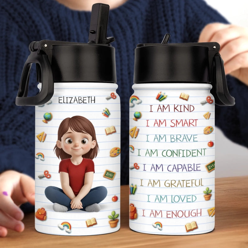 Custom Name Positive Affirmation Schoolgirl Gifts for Girls - Personalized Kid Water Bottle