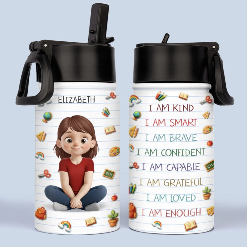 Custom Name Positive Affirmation Schoolgirl Gifts for Girls - Personalized Kid Water Bottle