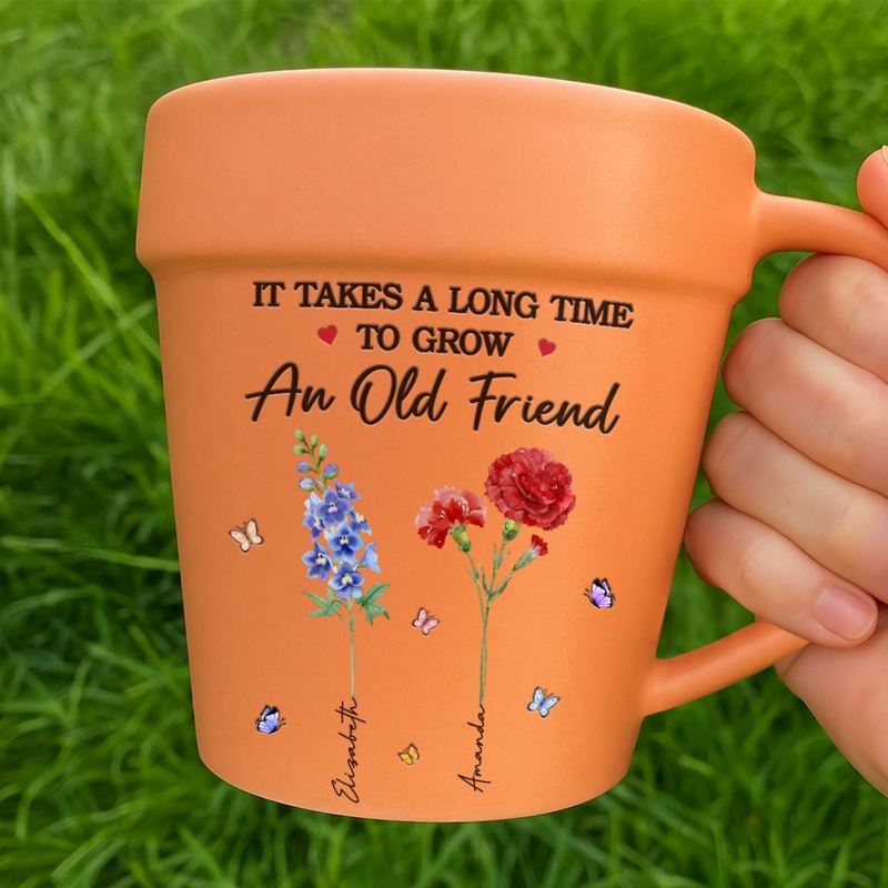 Custom Plant Pot Ceramic Mug - Personalized Best Friend Birthday Gifts For Women - It Takes A Long Time To Grow An Old Friend -  Flower Pot Mug