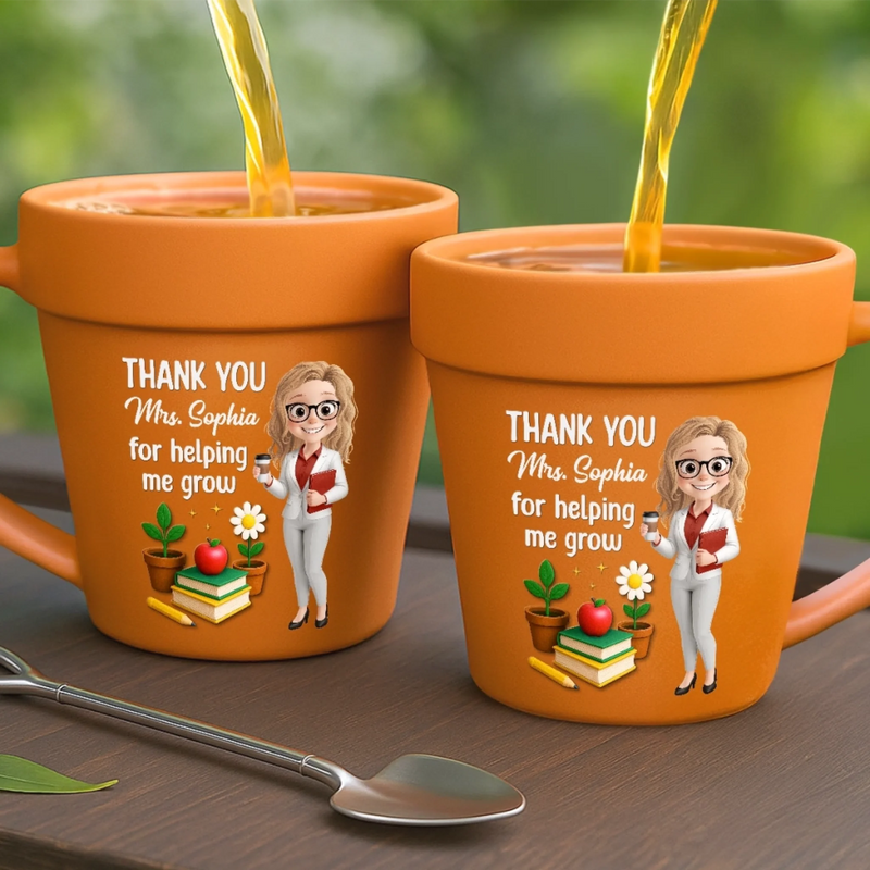 Custom Plant Pot Ceramic Mug - Personalized Back To School Gifts For Teachers - Thanks For Helping Me Bloom - Flower Pot Mug