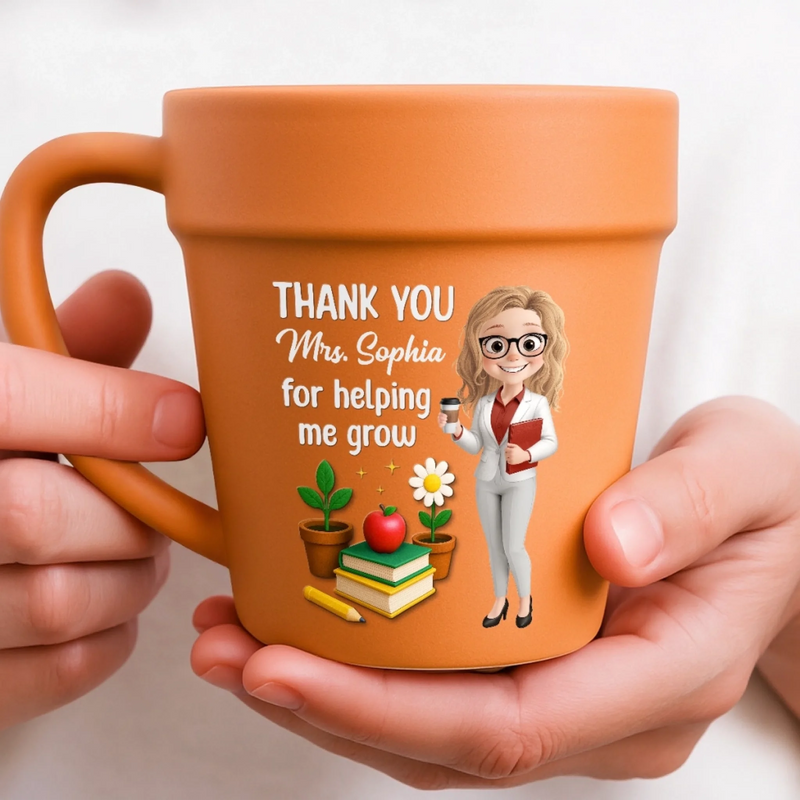 Custom Plant Pot Ceramic Mug - Personalized Back To School Gifts For Teachers - Thanks For Helping Me Bloom - Flower Pot Mug