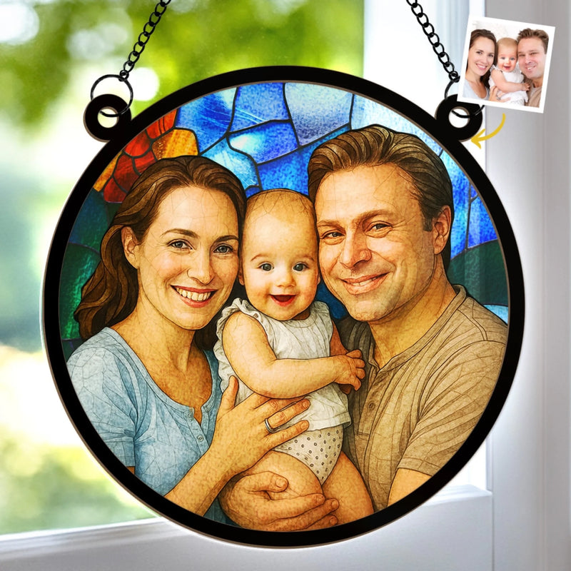 Custom Photo Window Hanging Suncatcher Ornament - Personalized Birthday Gifts For Mom, Dad, Kids - Together Is Our Happy Place