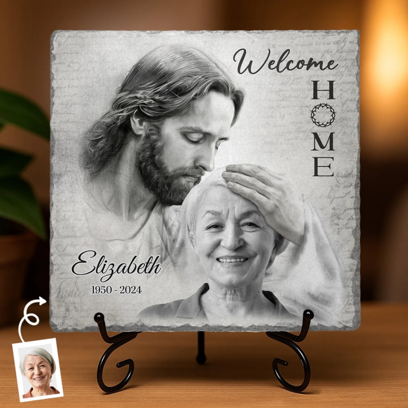 Custom Photo Welcome Home Memorial Decor - Personalized Stone With Stand