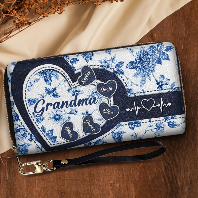 Custom Leather Long Wallet - Personalized Birthday Gifts For Mom, Grandma - Hearts Linked By Family Love