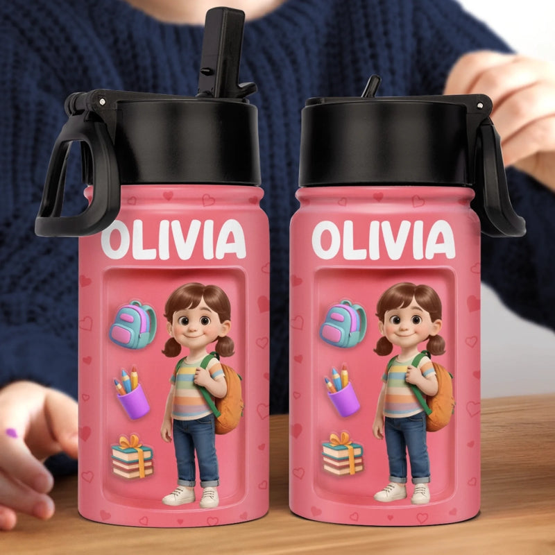 Custom 3D Inflated Effect Printed Kids Water Bottle - Personalized Back To School Gifts For Kids - Backpack Adventures Start With A Sip